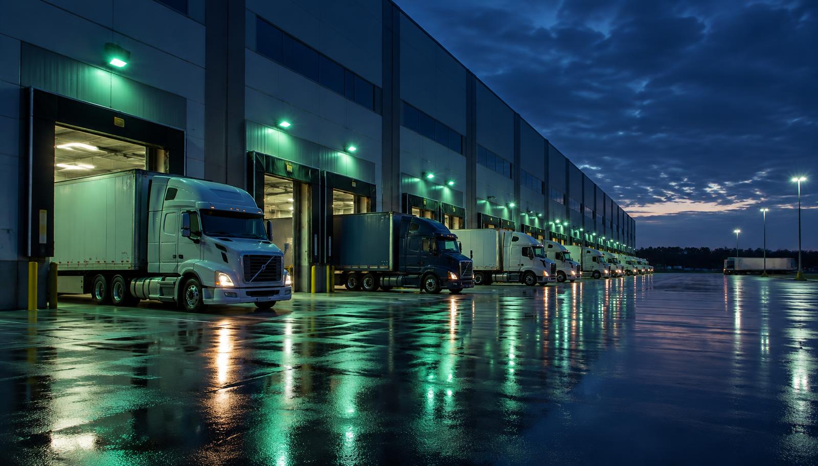 Laaddocks van een distributiecentrum in de avond